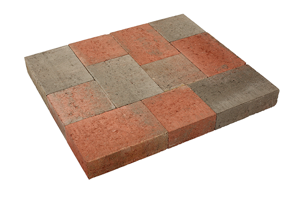 Pavé béton franc, nuancé de rouge et de noir, 14,5 x 14,5 x 6 cm et 14,5 x 21,75 x 6 cm