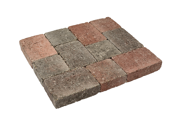 Pavé béton tambouriné, nuancé de rouge et de noir, Combi (14,5 x 14,5 x 6 cm et 14,5 x 21,75 x 6 cm)
