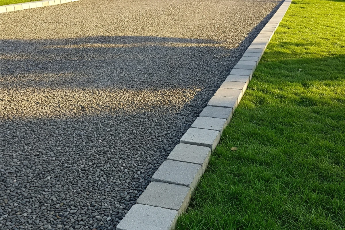 allée en gravier séparée d'un espace enherbé par des bordurettes en béton