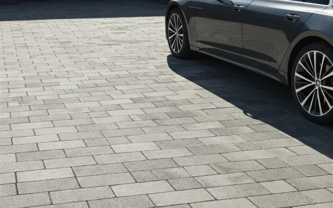 Allée en pavés béton autobloquants carrossables. Une voiture est garée dans l'allée.