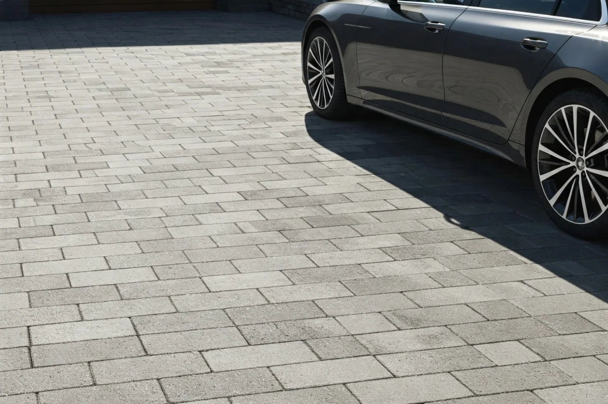 Allée en pavés béton autobloquants carrossables. Une voiture est garée dans l'allée.