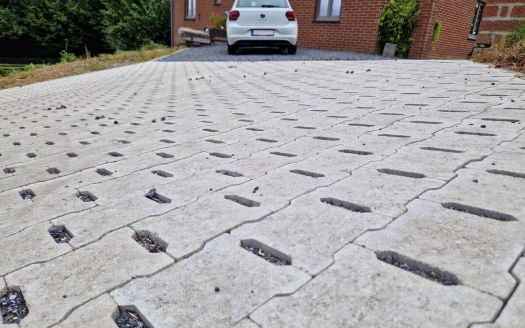 Allée en pavés drainants béton devant une maison.