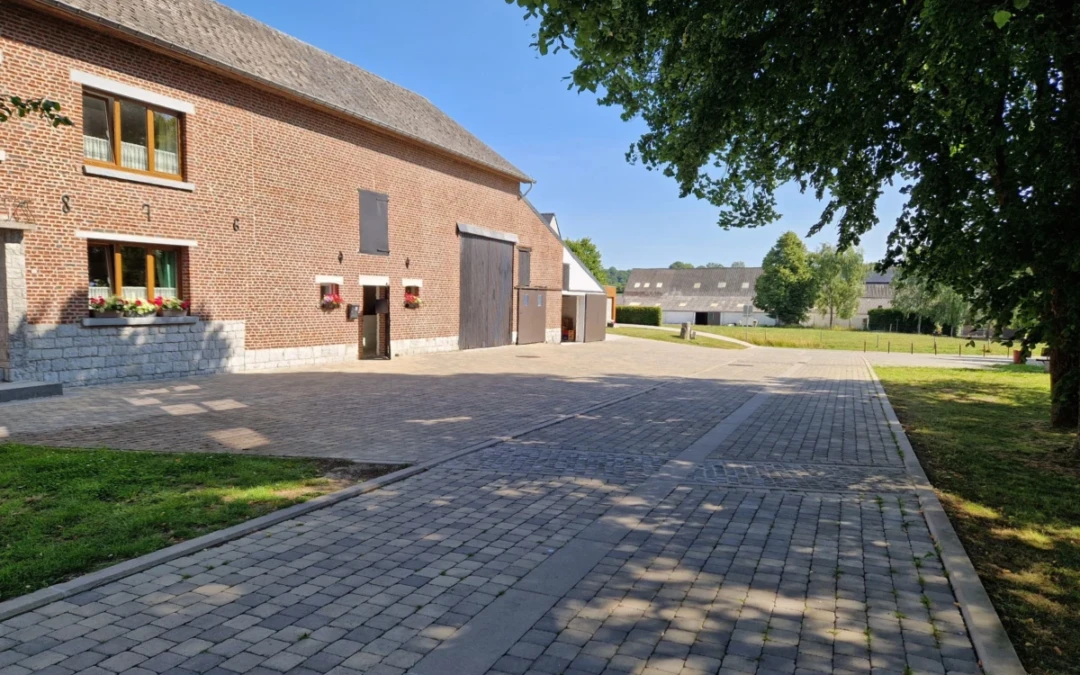 Cour de ferme pavée avec des pavés rustiques en béton tambouriné, mettant en valeur une bâtisse en briques et pierre naturelle dans un cadre rural verdoyant.