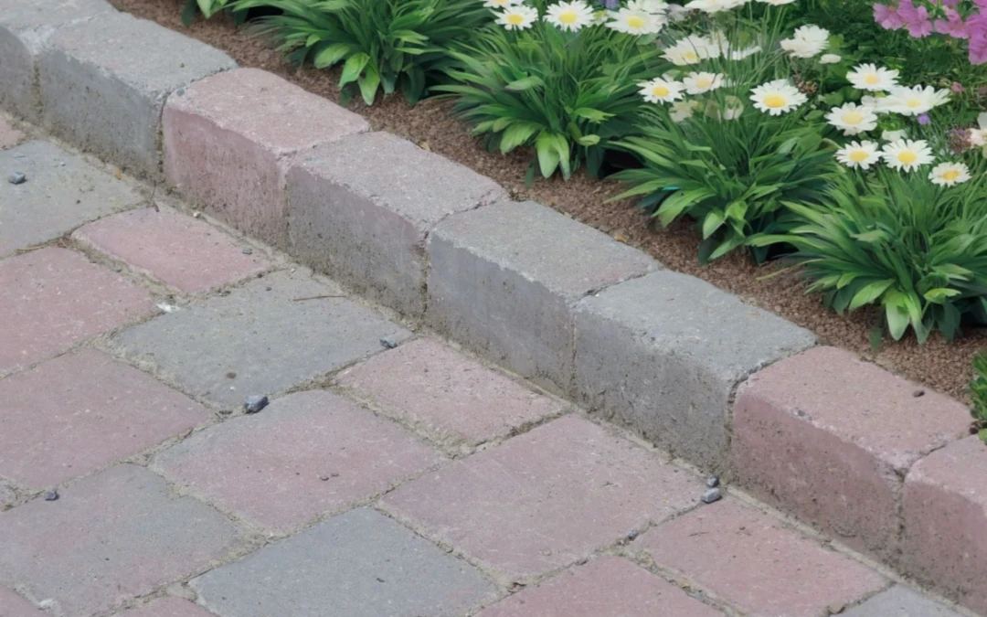 allée de pavé avec bordure la délimitant d'un parterre de fleurs