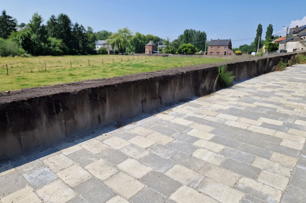 allee-paves-rustiques allée en pavés béton rustiques bordant un muret en béton. L'allée de pavés longe une prairie.