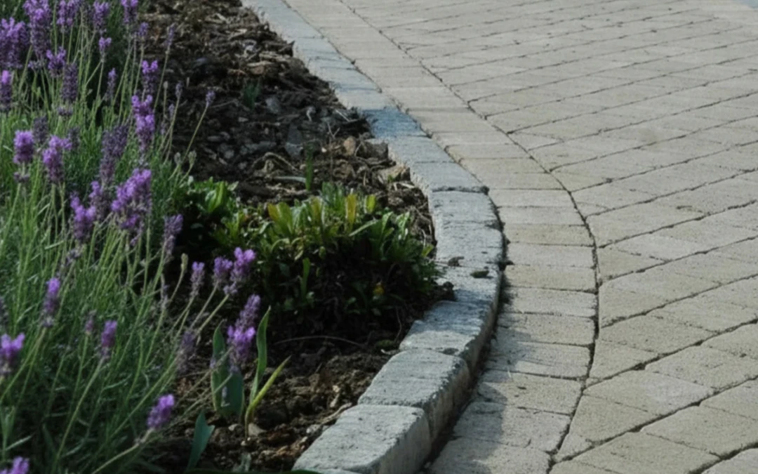 Bordurettes de jardin délimitant un parterre de fleurs d'une allée pavée.